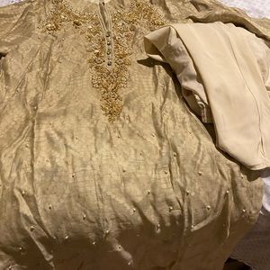 Tan with gold work shirt and choridar pajama shirt one time wear name brand